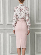 Blush Pink Floral Print Ruffle Neck Chiffon Blouse & High Waist Pencil Midi Skirt Two-Piece Suit Set