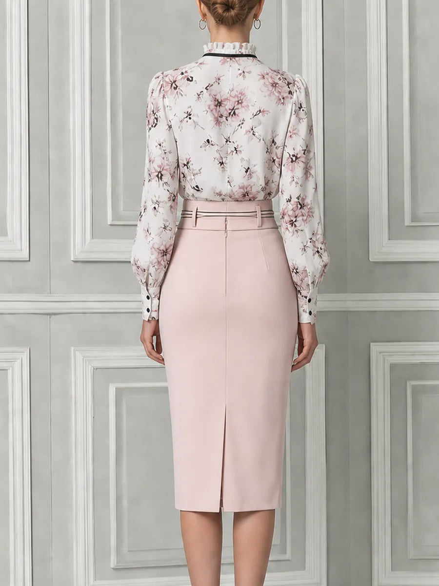Blush Pink Floral Print Ruffle Neck Chiffon Blouse & High Waist Pencil Midi Skirt Two-Piece Suit Set