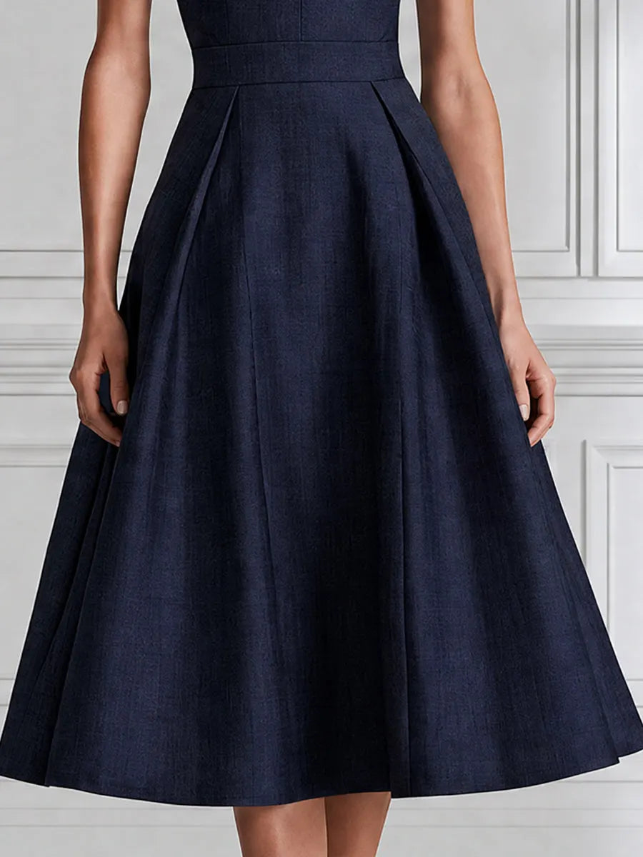 Contrast-Collar Half-Zip Nautical A-Line Midi Dress