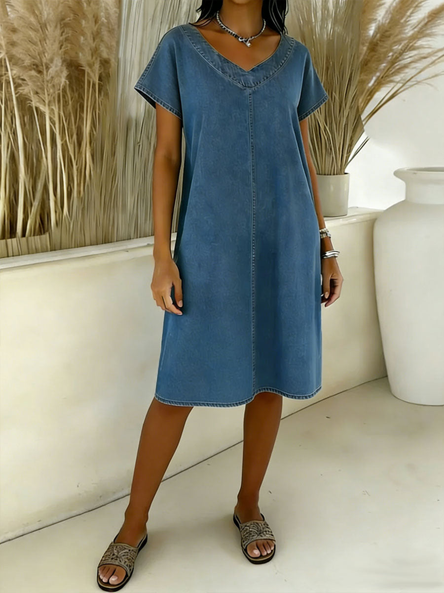 Women's V-neck Short-sleeved Casual Loose Denim Dress