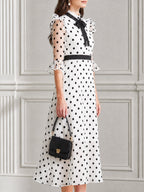 Polka Dot Bow Tie Neck Ruffle Sleeve Chiffon Midi Dress