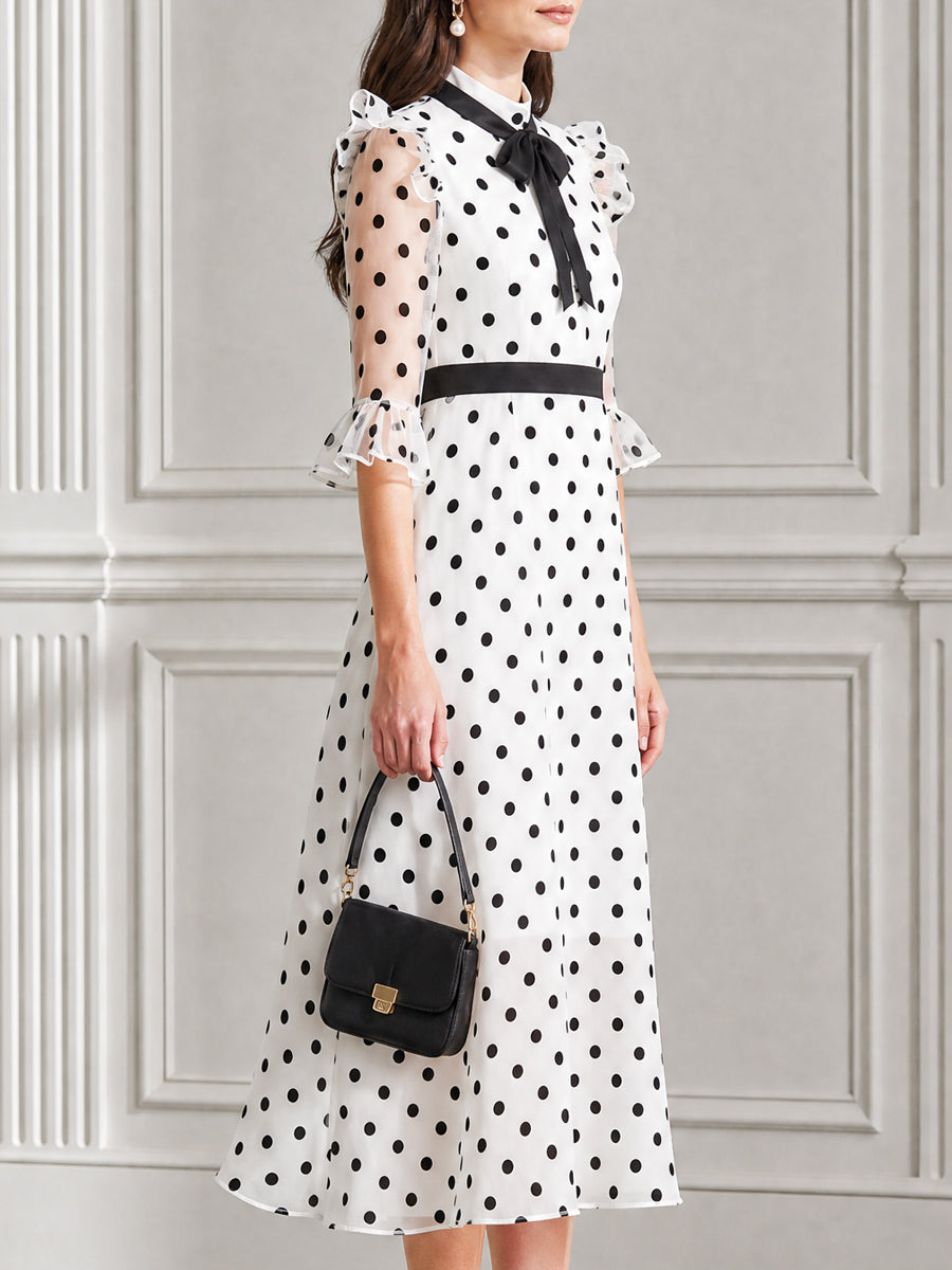 Polka Dot Bow Tie Neck Ruffle Sleeve Chiffon Midi Dress