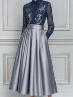 Navy Sequin Shirt And Silver Pleated Skirt Two-Piece Set