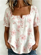 Women's Flower Print Square Neck Short Sleeve Shirt