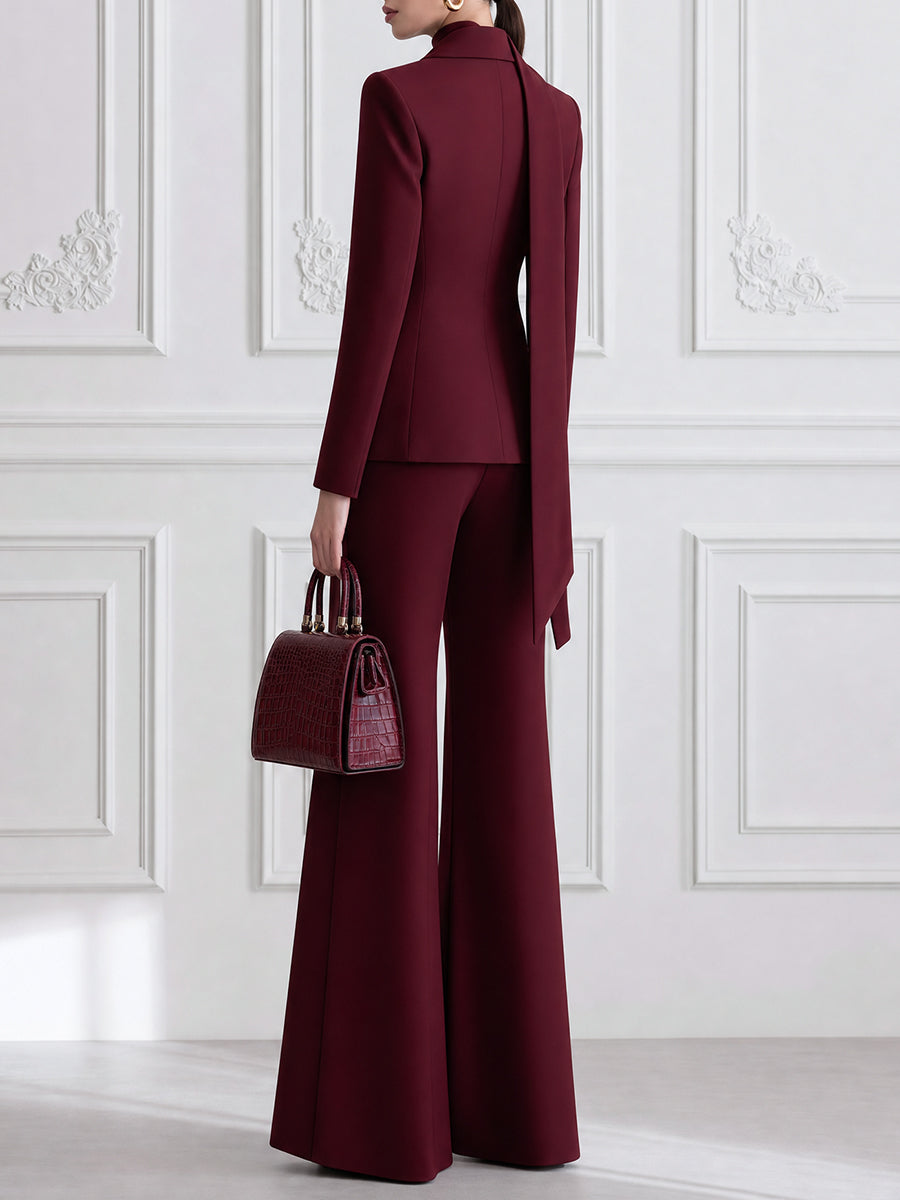 Burgundy Double-Breasted Blazer with Wide-Leg Trousers Suit Set