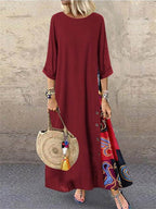 Women's Retro Floral Contrast Button Patchwork Cotton And Linen Casual Dress