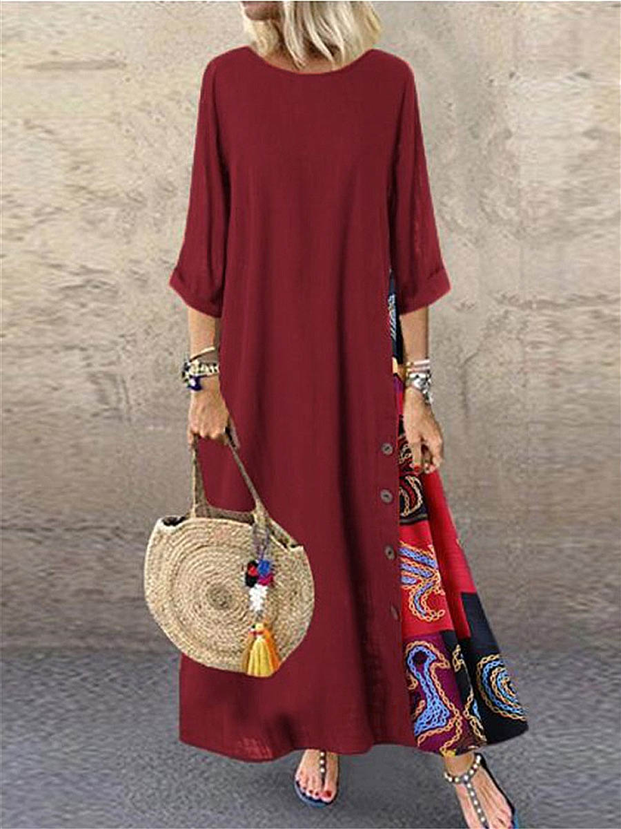 Women's Retro Floral Contrast Button Patchwork Cotton And Linen Casual Dress