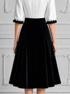White Black Contrast Ruffle V Neck Velvet A-Line Midi Dress