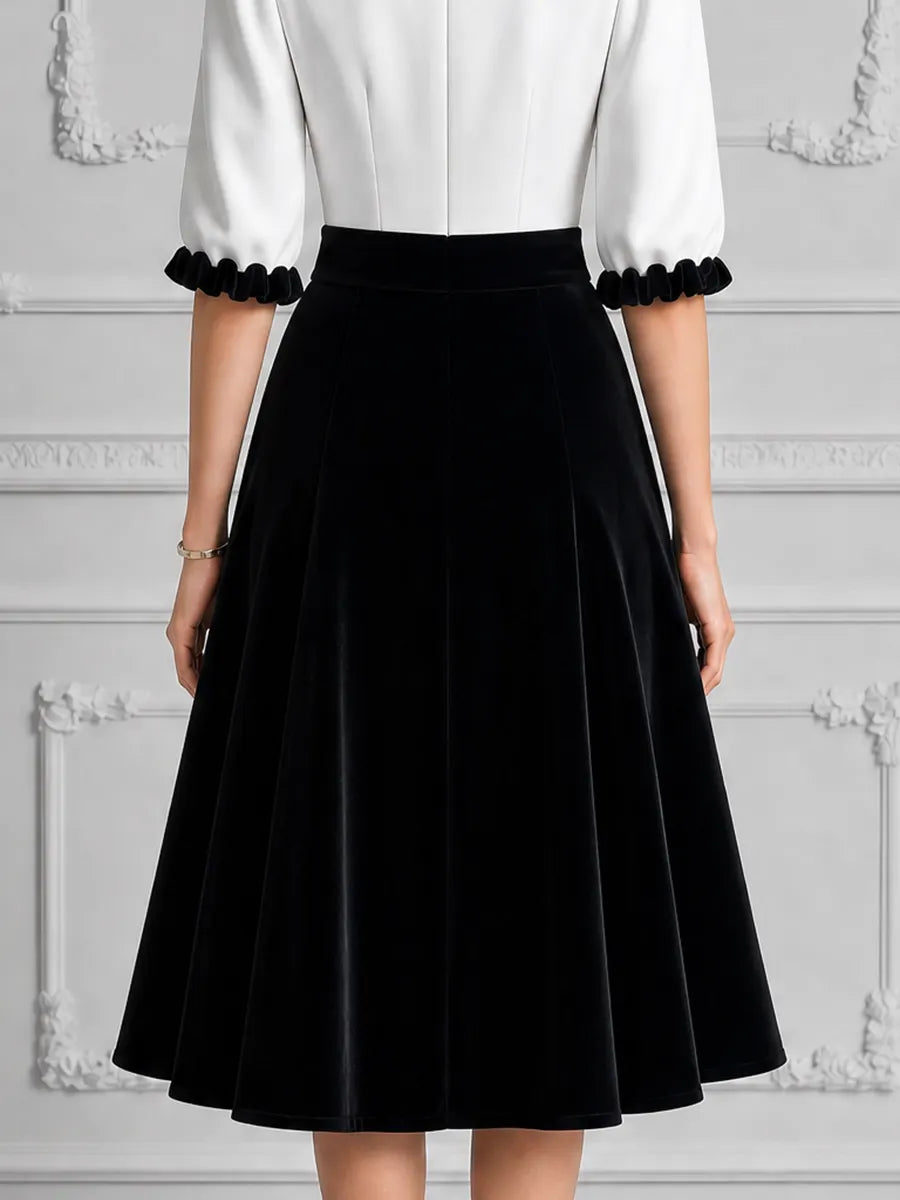 White Black Contrast Ruffle V Neck Velvet A-Line Midi Dress
