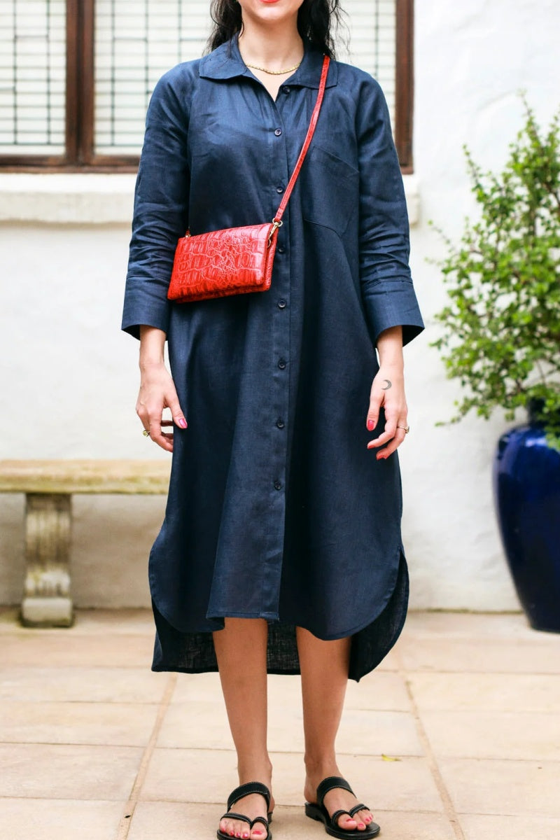 Women's Elegant A-Line Dress with Three-Quarter Sleeves & Practical Pockets