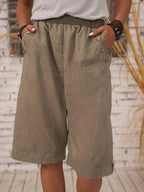 Women's Solid Color Elastic Waist Loose Casual Pockets Cotton and Linen Shorts
