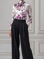 White Floral Satin Blouse & Black Wide Leg Pants Set