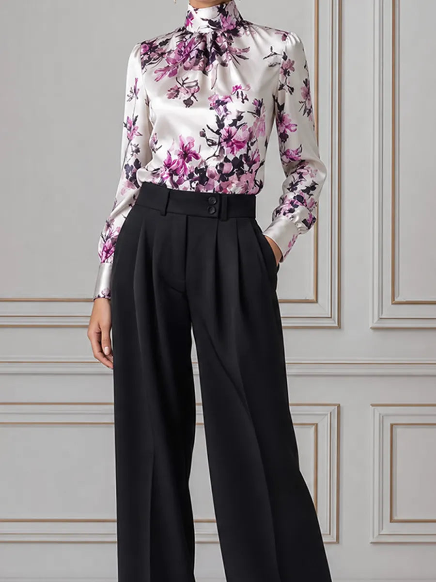 White Floral Satin Blouse & Black Wide Leg Pants Set