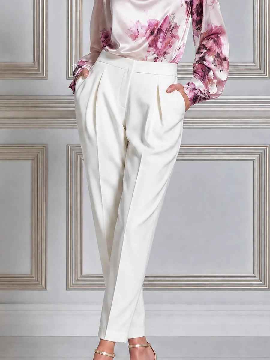 Ivory Pink Floral Satin Blouse & Pleated Tapered Trousers Set