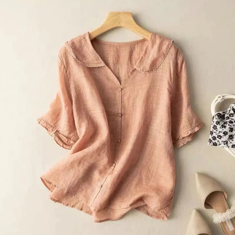 Women's Casual Lapel Linen Solid Shirt