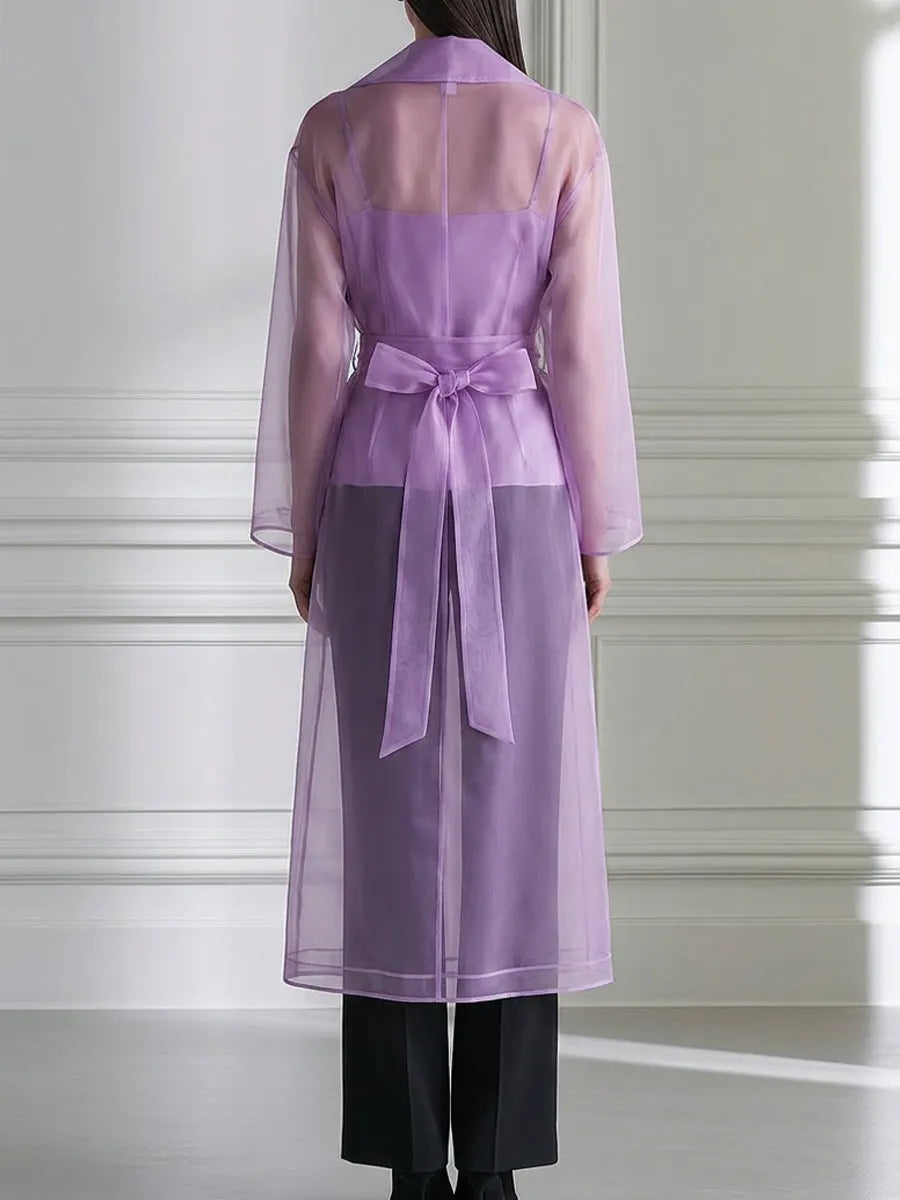 Sheer Organza Belted Trench Coat And Camisole Set
