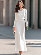 Elegant Cowl Neck Long Sleeve Maxi Dress with Lace Trim