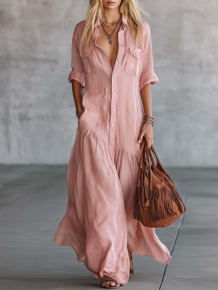 Casual Linen And Cotton Maxi Shirt Dress