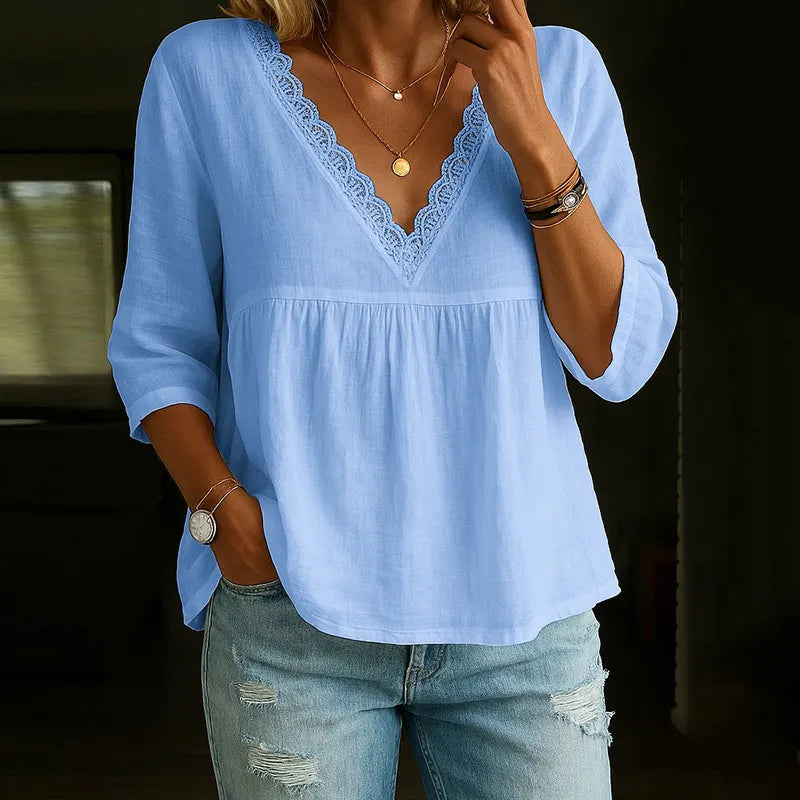 Women's Vintage Lace Cotton And Linen V-neck T-shirt