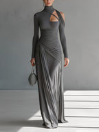 Women's Grey Silky Stretch Sophisticated Ruched Detail Cut-Out Maxi Dress