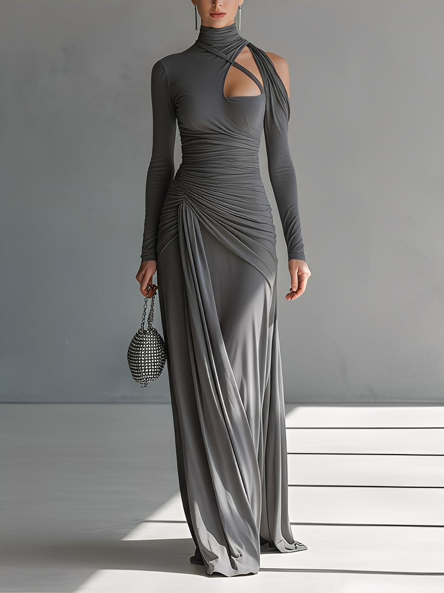 Women's Grey Silky Stretch Sophisticated Ruched Detail Cut-Out Maxi Dress