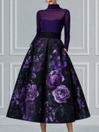Deep Purple Sheer High Neck Bodice & Black Purple Floral Print A-Line Midi Dress