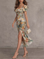 Floral Print Square Neckline Ruched Side Slit Bodycon Midi Dress