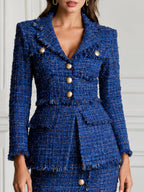 Elegant Royal Blue Tweed Fringe Blazer & Pencil Skirt Set