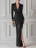 Structured Satin And Sequin Long Sleeve Evening Gown