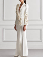 Floral Applique Deep V-Neck Blazer & Flared Trousers Suit Set
