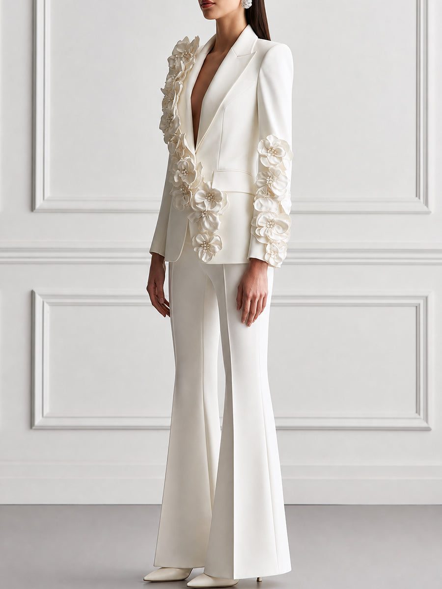 Floral Applique Deep V-Neck Blazer & Flared Trousers Suit Set
