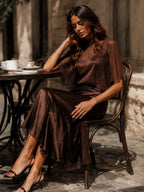 Brown Chiffon Blouse And Satin Midi Dress Two-piece Set