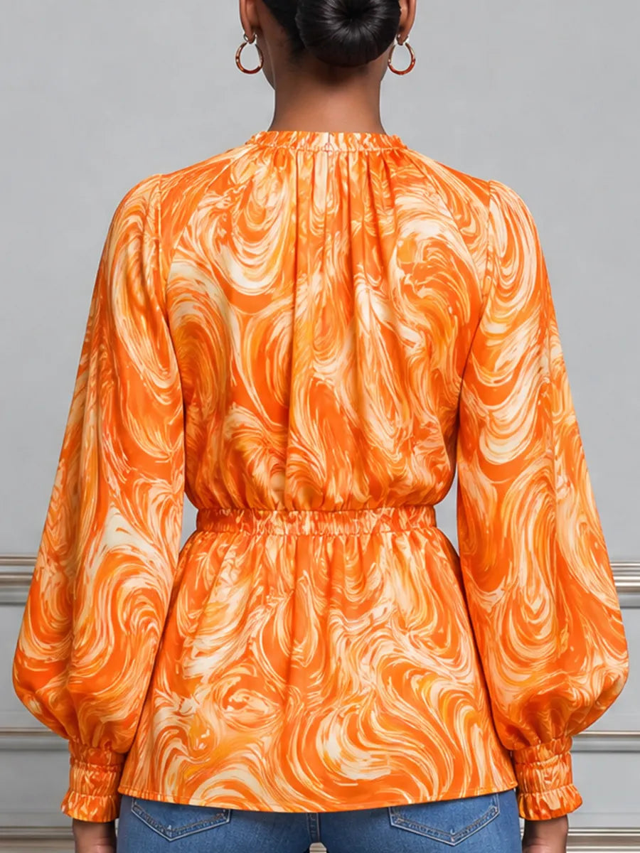 Orange Marble Print Chiffon Bishop Sleeve Blouse