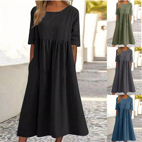 2025 spring and summer new round neck 5-quarter sleeve large size loose long cotton and linen dress