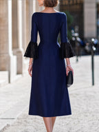 Lace-Trimmed Bell-Sleeve Structured Midi Dress