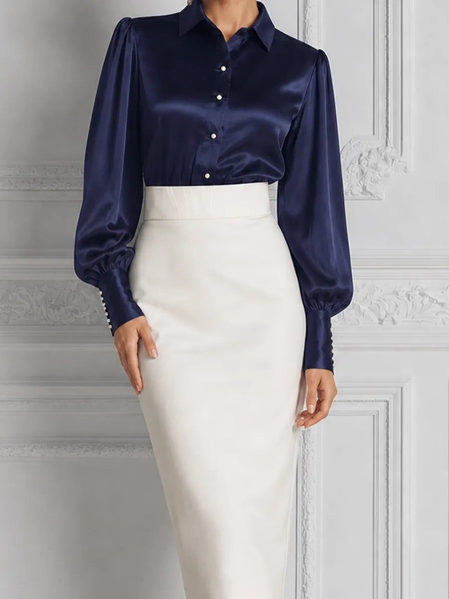 Navy Satin Shirt Blouse & Ivory High Waist Pencil Midi Skirt Two-Piece Set