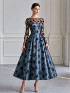 Dusty Blue Flocked Floral Tulle A-Line Midi Evening Dress