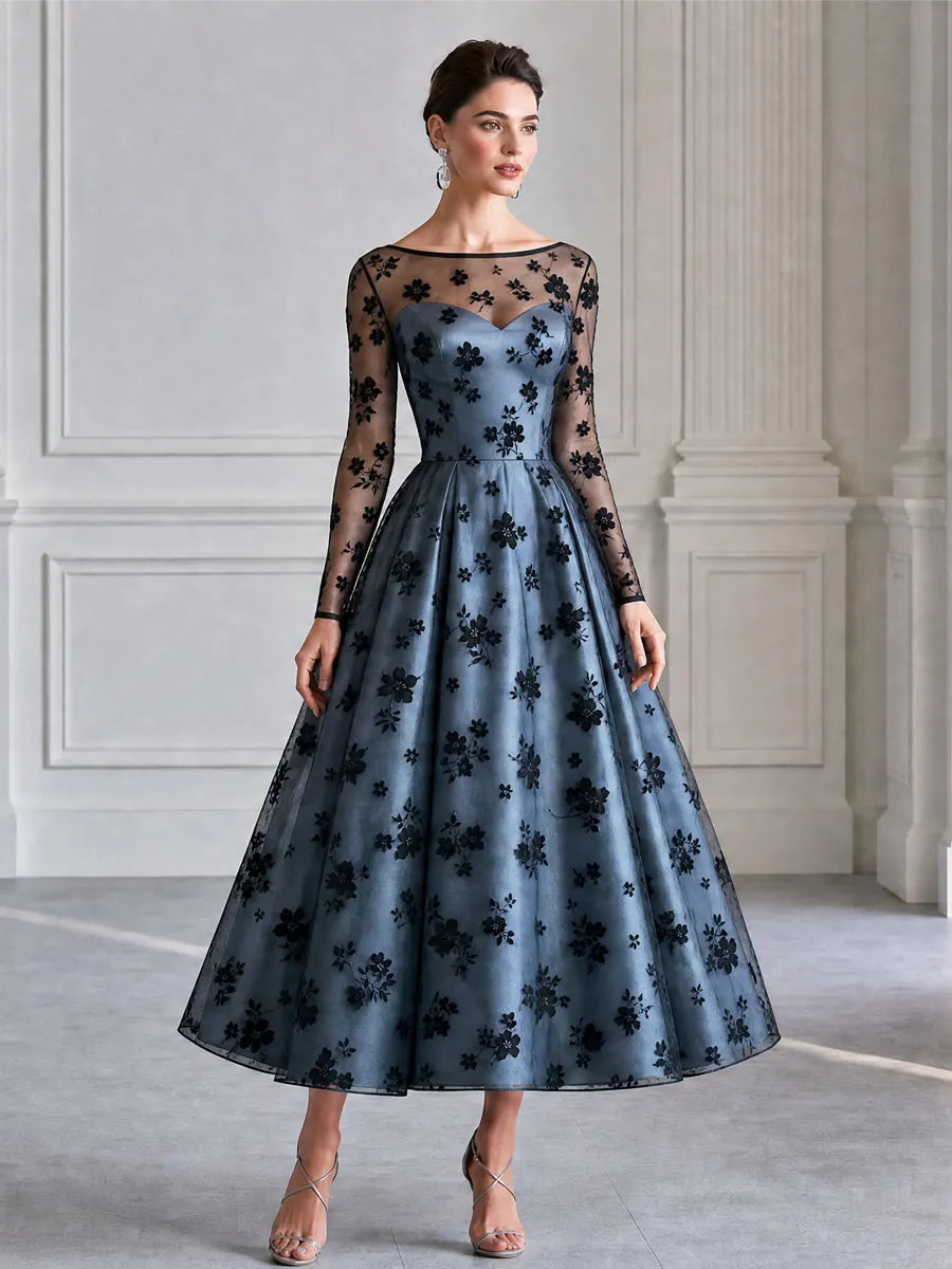 Dusty Blue Flocked Floral Tulle A-Line Midi Evening Dress
