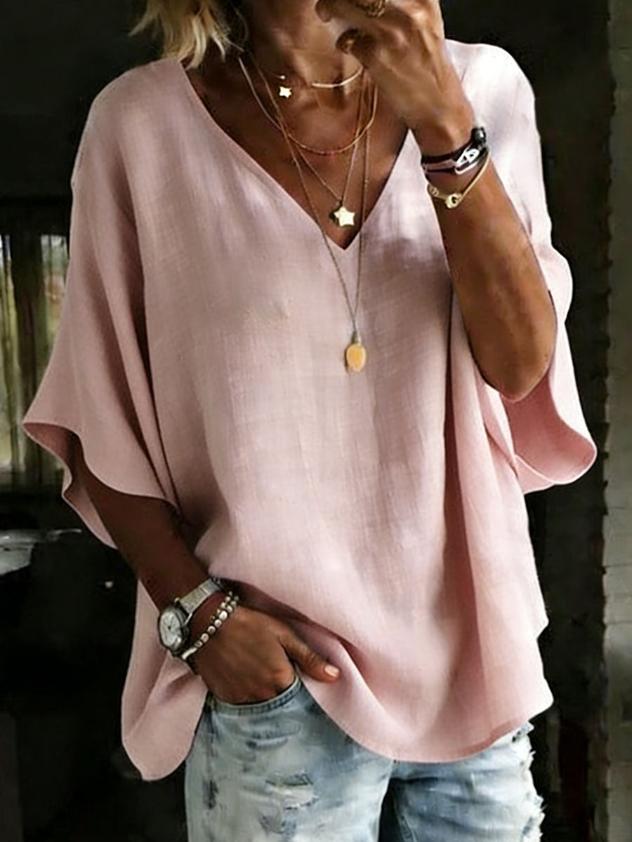 Women's 100% Cotton Classic Loose Fit V Neck Dolman Sleeve T-shirt