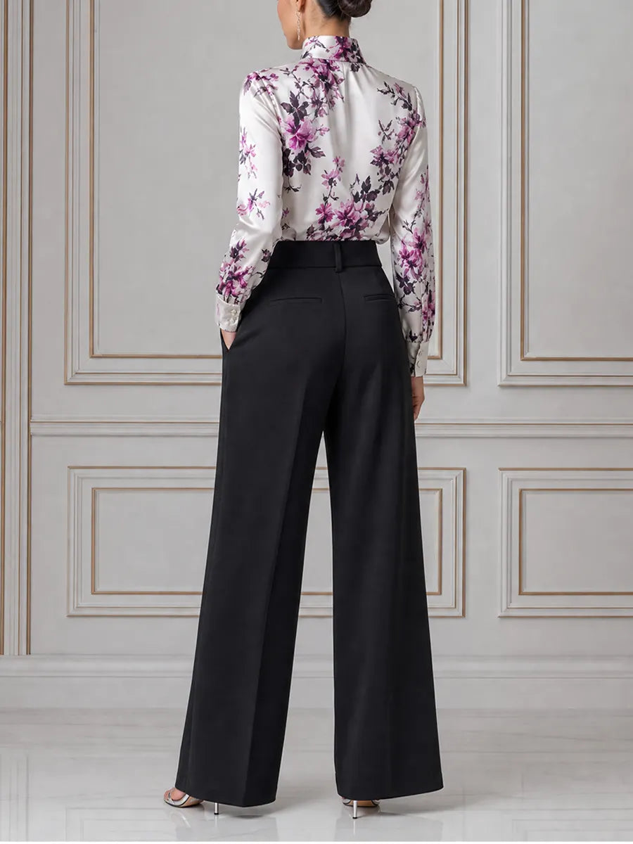 White Floral Satin Blouse & Black Wide Leg Pants Set