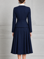 Navy Blue Color-Block Jacket And Pleated A-Line Skirt Set