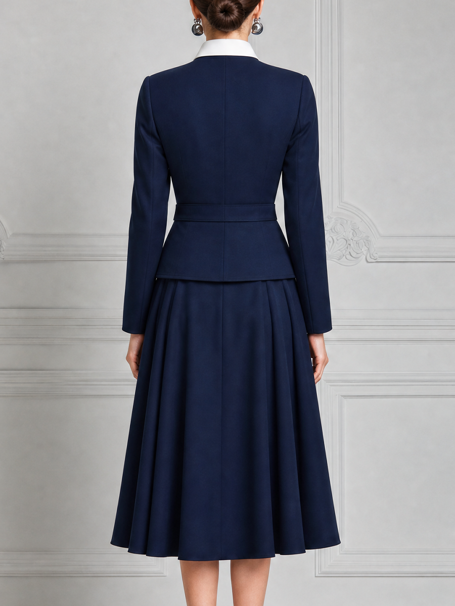 Navy Blue Color-Block Jacket And Pleated A-Line Skirt Set