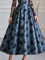 Dusty Blue Flocked Floral Tulle A-Line Midi Evening Dress