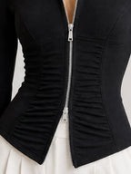Collar Zip Front Ruched Fitted Long Sleeve Top