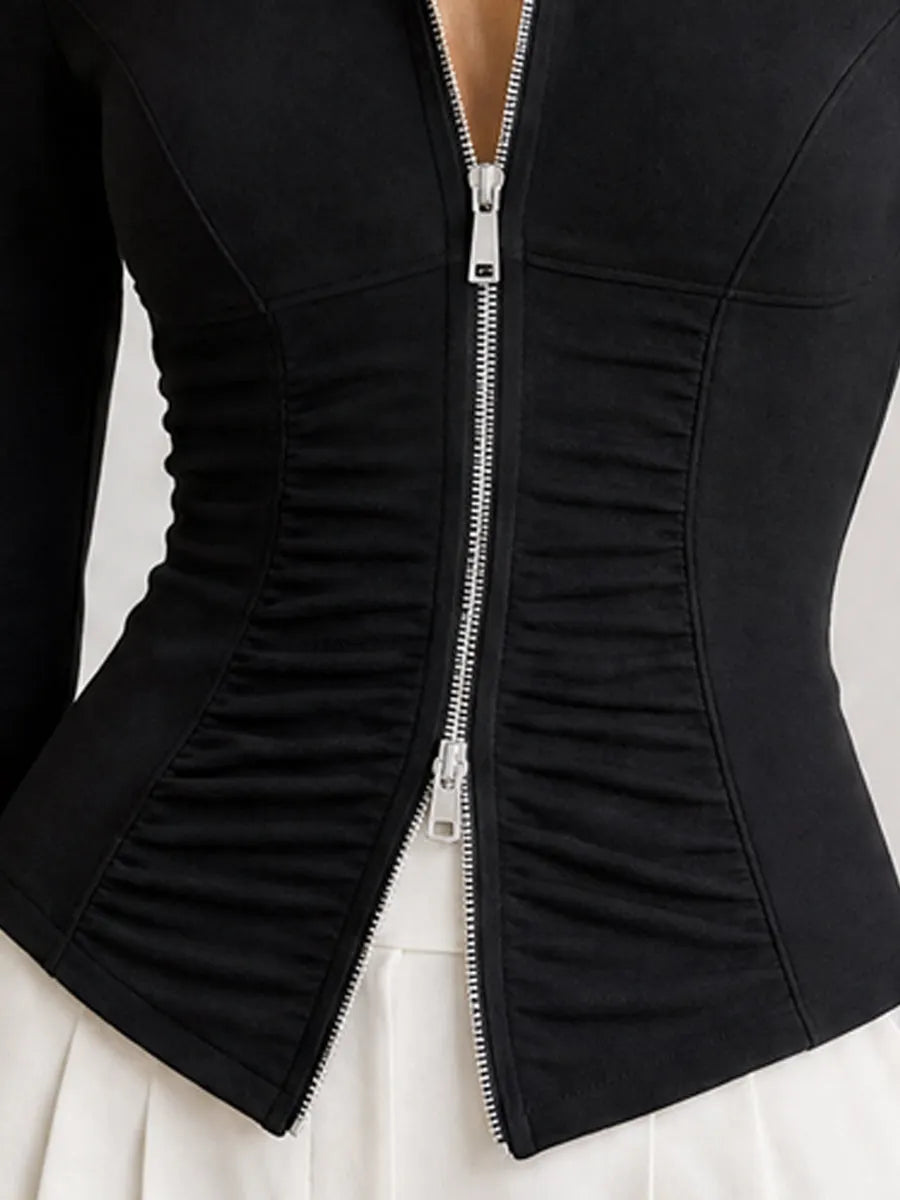 Collar Zip Front Ruched Fitted Long Sleeve Top