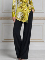 Green Floral Satin Wrap Shirt & Black Wide-Leg Trousers Two-Piece Set