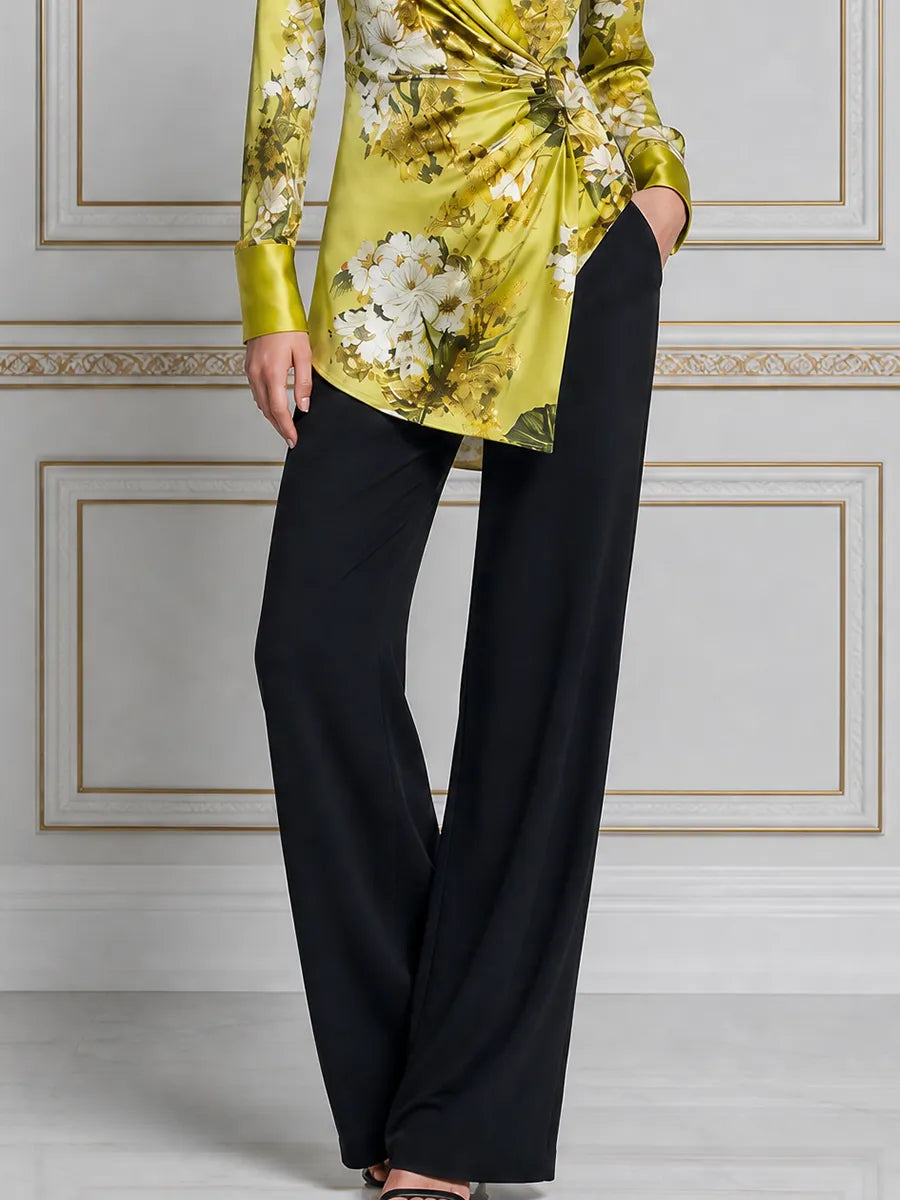 Green Floral Satin Wrap Shirt & Black Wide-Leg Trousers Two-Piece Set
