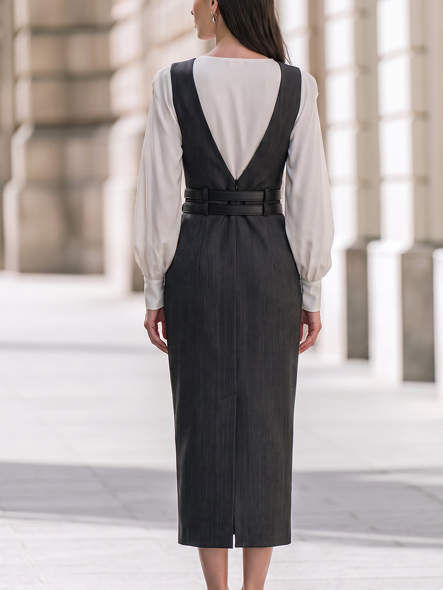 Layered Blouse And Belted Midi Dress Set