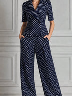 Navy Polka Dot Short Sleeve Blazer & Wide Leg Trousers Set