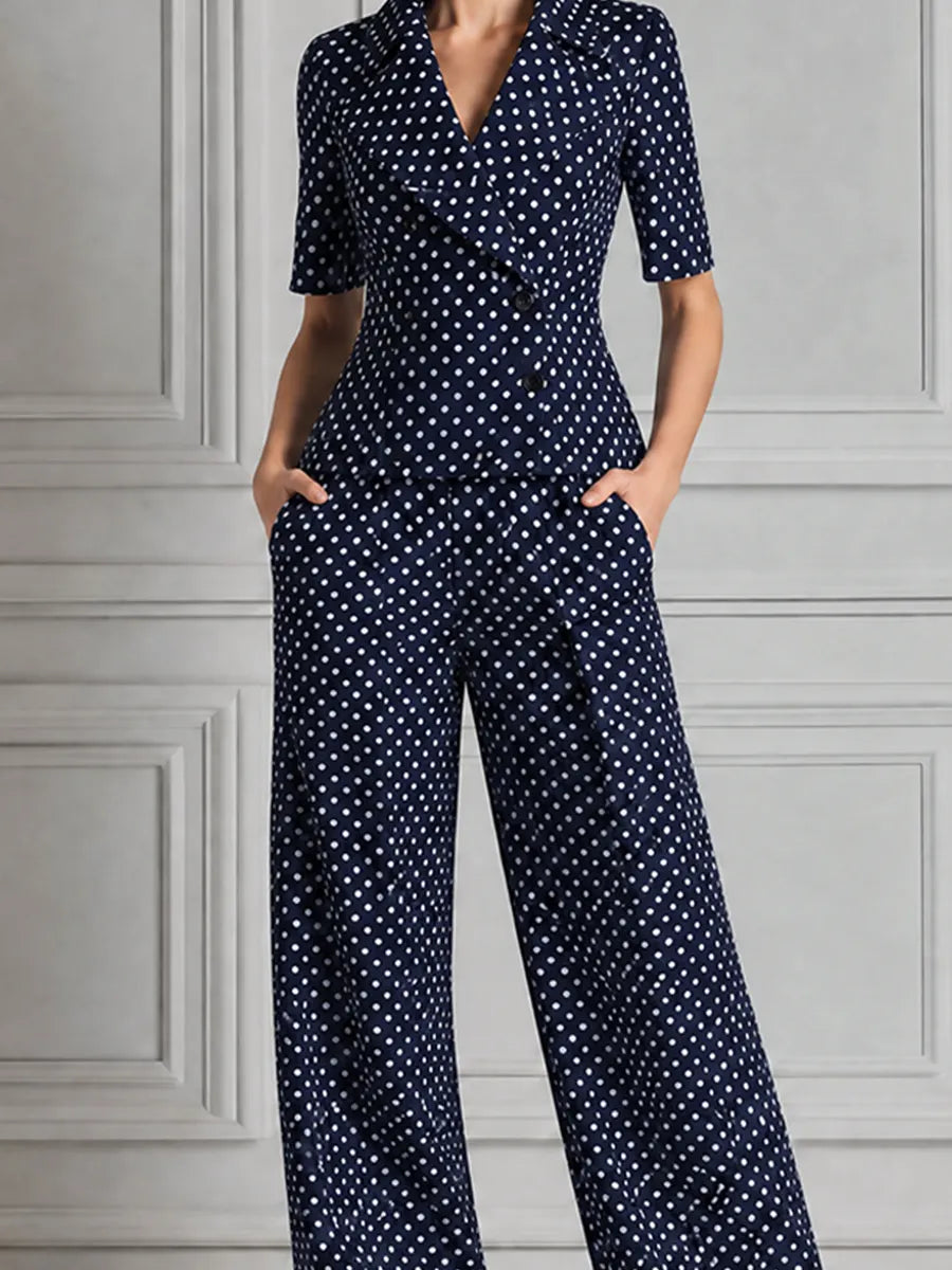 Navy Polka Dot Short Sleeve Blazer & Wide Leg Trousers Set